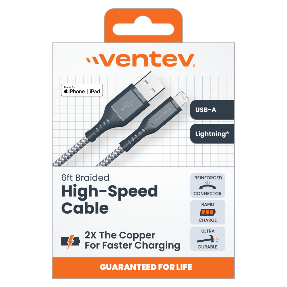 Ventev High Speed USB A to Apple Lightning Braided Cable with 2x the Copper for Faster Charging 6ft