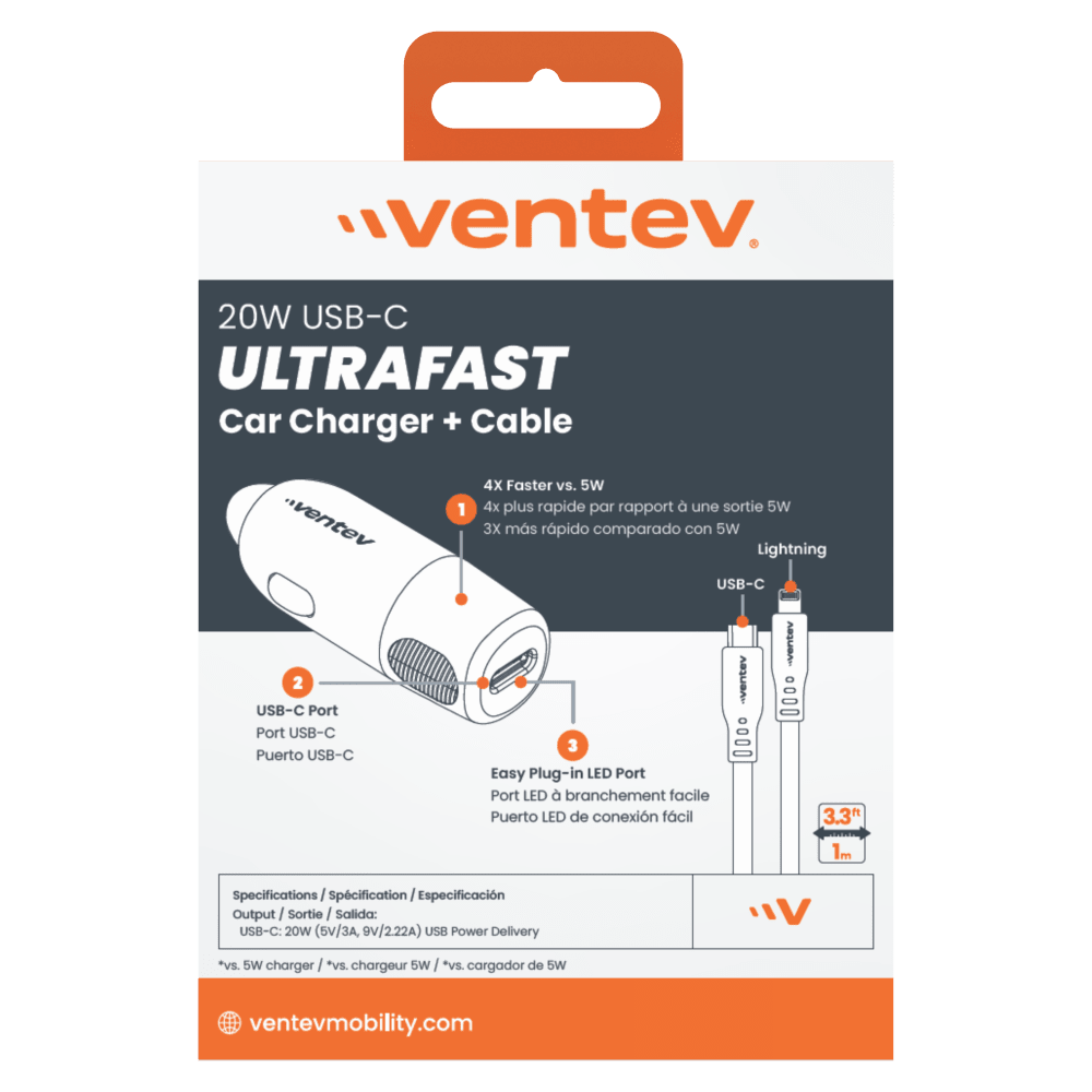 Ventev 20W ULTRAFAST USB C Universal Car Charger and USB C to Apple Lightning Cable