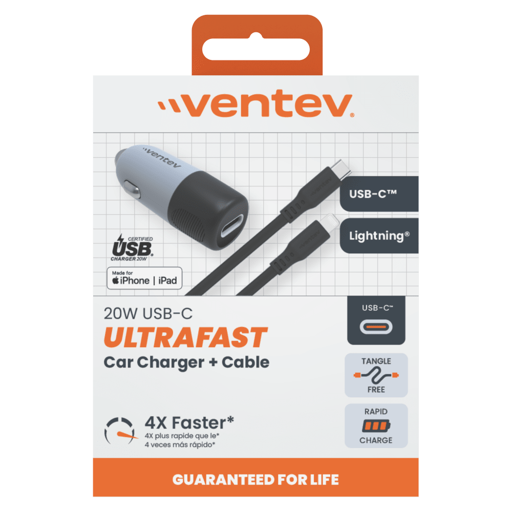 Ventev 20W ULTRAFAST USB C Universal Car Charger and USB C to Apple Lightning Cable