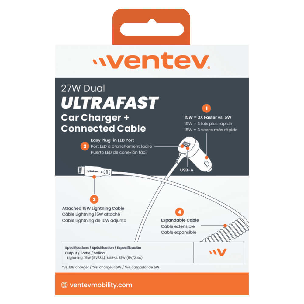 Ventev 27W ULTRAFAST Car Charger and Apple Lighting Connected Cable
