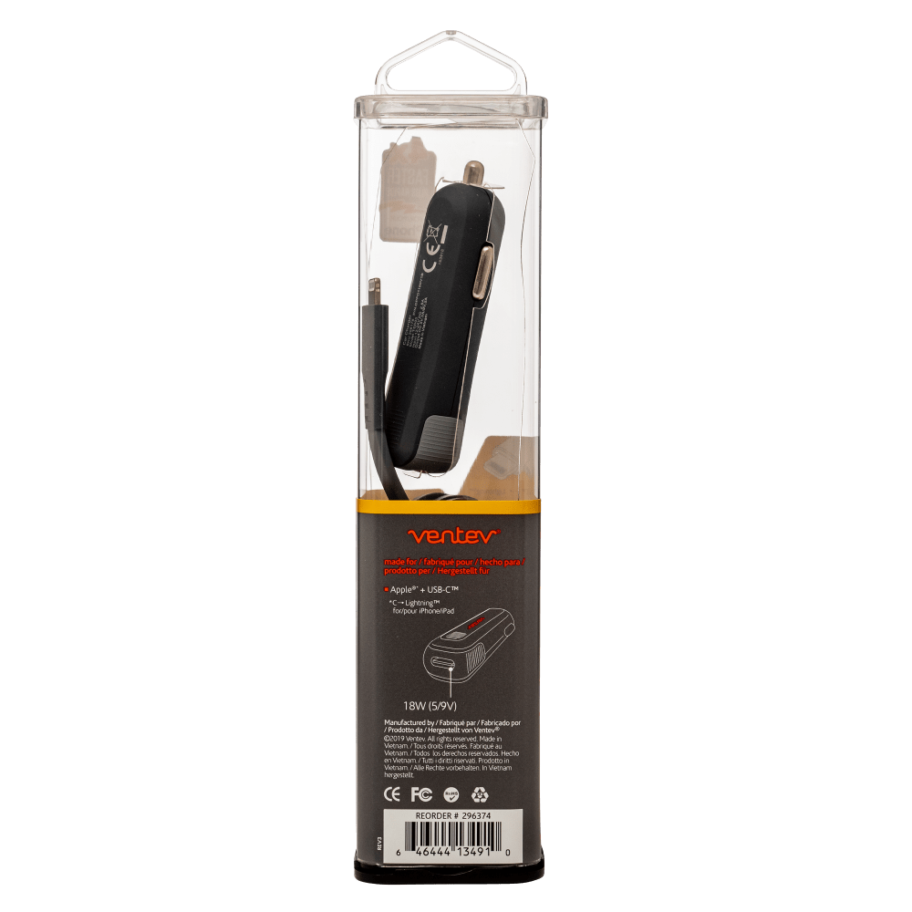 Ventev PD 18W dashport pd1180 USB C Car Charger and USB C to Apple Lightning Cable 3.3ft Gray
