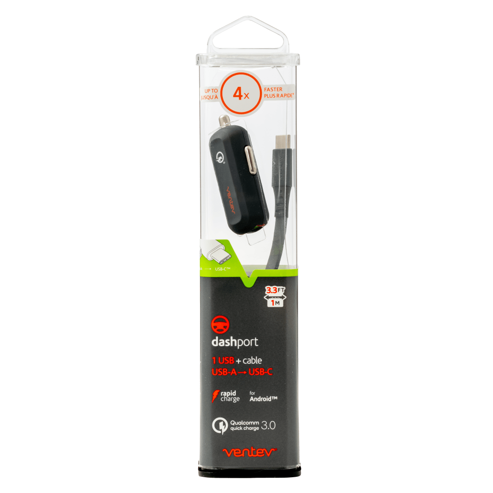 Ventev QC3.0 24W dashport rq1300 mini Car Charger and USB A to USB C Cable 3.3ft