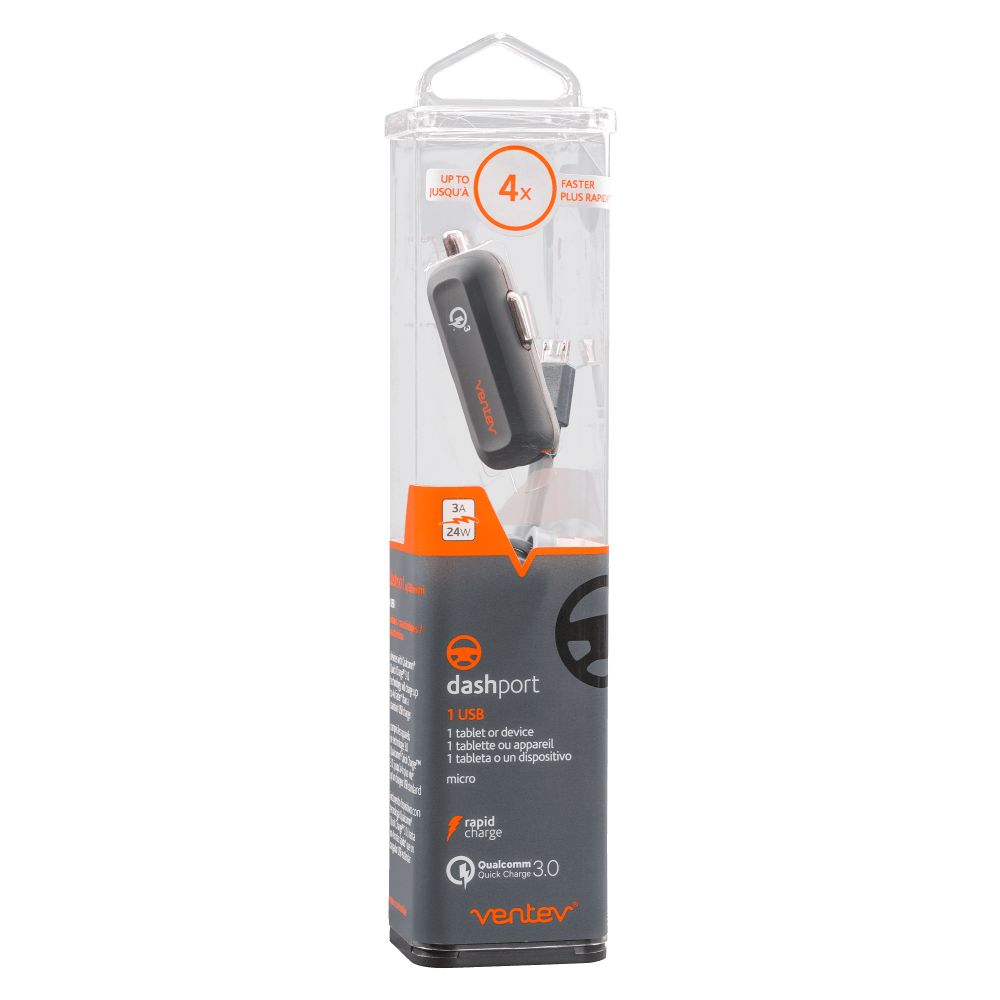 Ventev QC3.0 24W dashport rq1300 mini Car Charger and USB A to Micro USB Cable 3.3ft