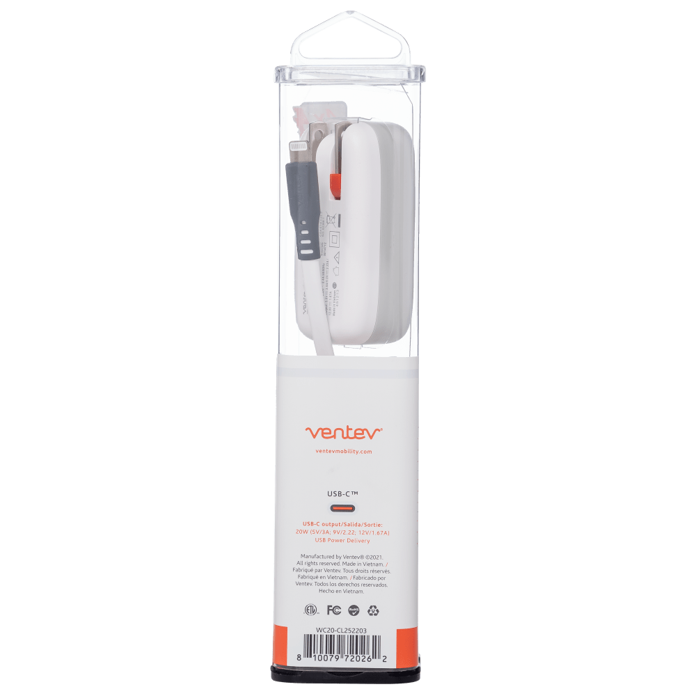 Ventev 20W PD USB C Wall Charger and USB C to Apple Lightning Cable 3.3ft White