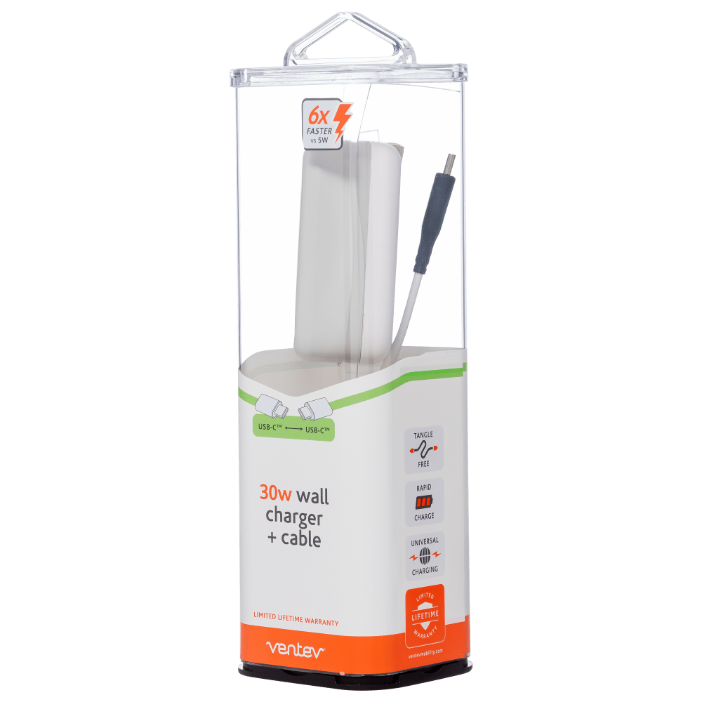 Ventev 30W PD PPS USB C Wall Charger and USB C to USB C Cable 3.3ft White