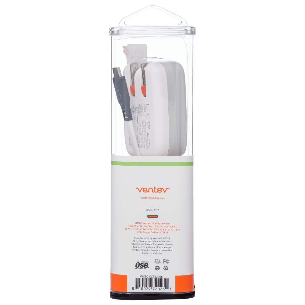 Ventev 30W PD PPS USB C Wall Charger and USB C to USB C Cable 3.3ft White