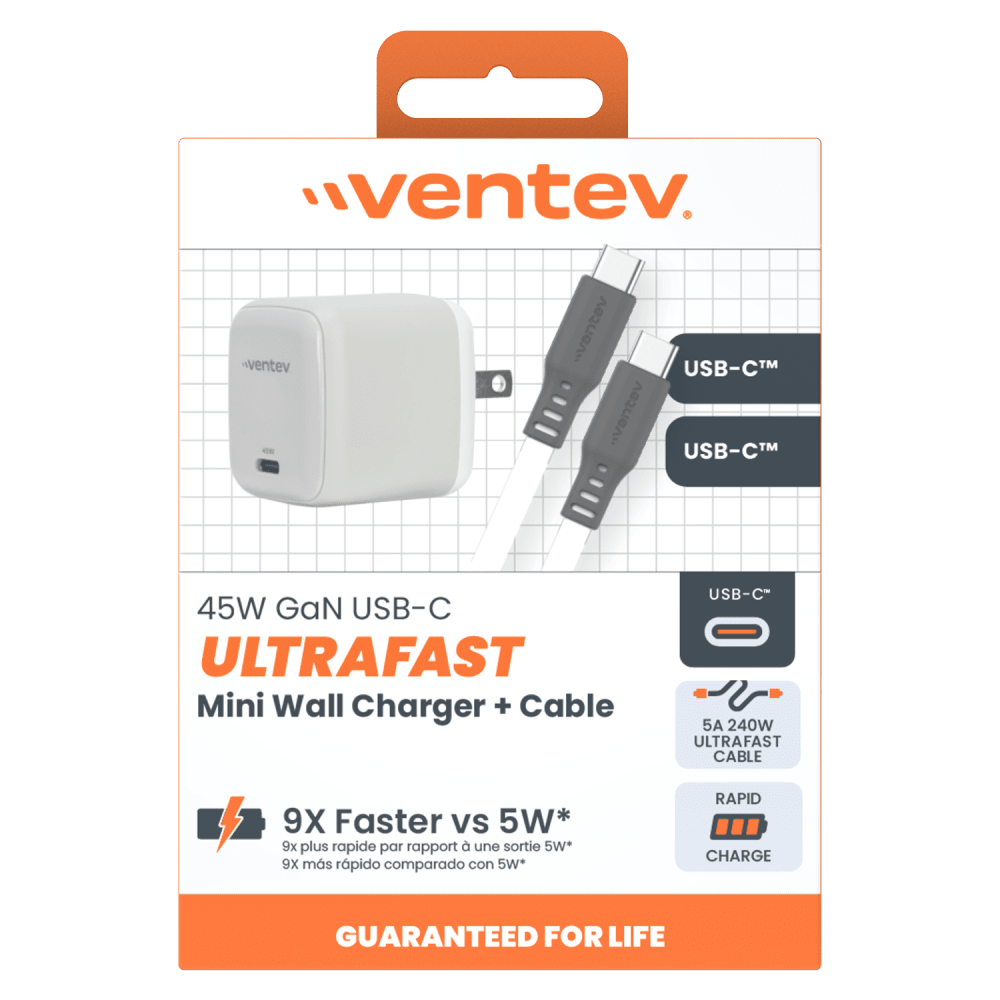 Ventev Ventev 45W USB-C GaN Mini Wall Charger w/ 5A USB-C to USB-C Cable