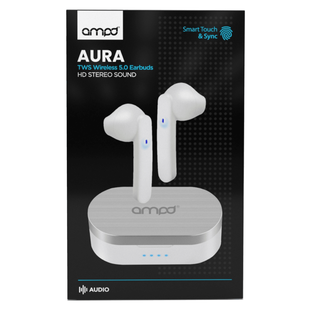 AMPD True Wireless In Ear Headphones with Smart Touch Controls and Charging Pack White