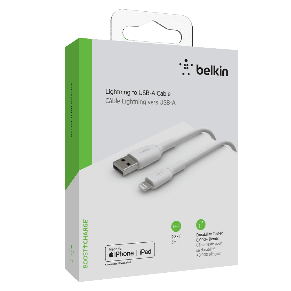 Belkin Boost Up Charge USB A to Apple Lightning Cable 10ft White