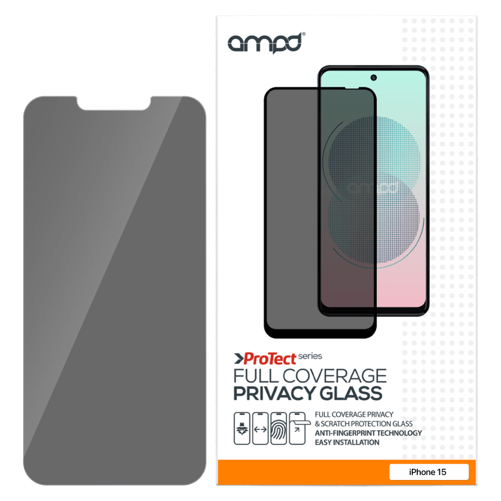 AMPD Full Faced Privacy Impact Tempered Glass Screen Protector for Apple iPhone 15 Pro Max Clear