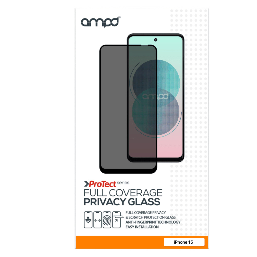 AMPD Full Faced Privacy Impact Tempered Glass Screen Protector for Apple iPhone 15 Pro Max Clear