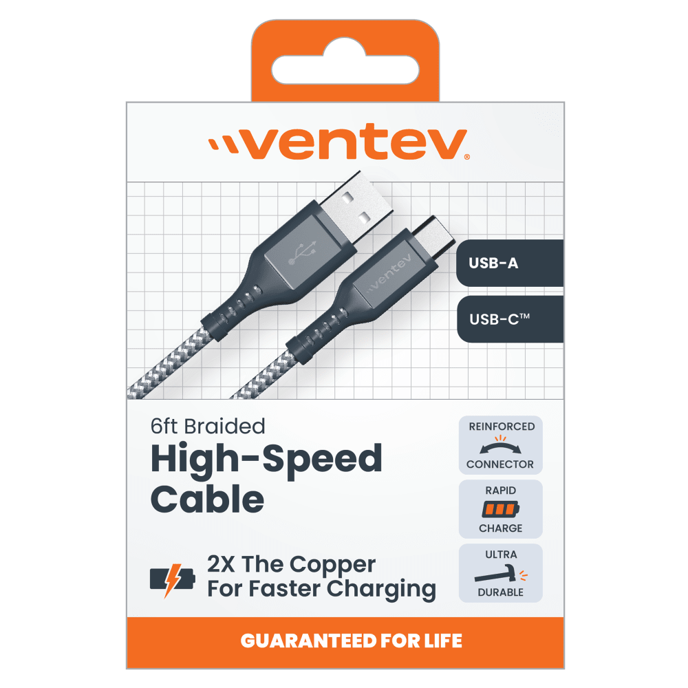 Ventev High Speed USB A to USB C Braided Cable with 2x the Copper for Faster Charging 6ft