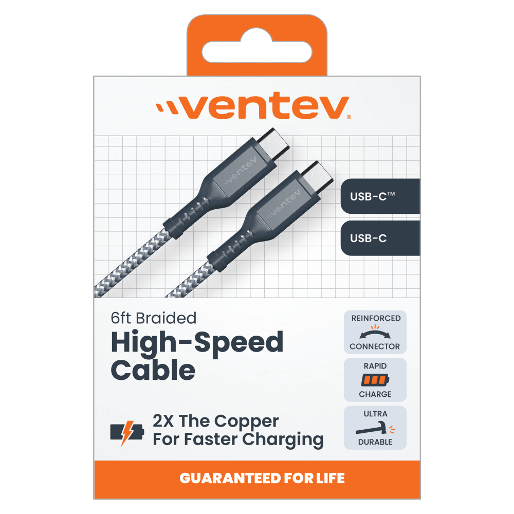 Ventev High Speed USB C to USB C Braided Cable with 2x the Copper for Faster Charging 6ft