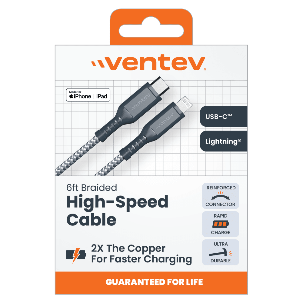 Ventev High Speed USB C to Apple Lightning Braided Cable with 2x the Copper for Faster Charging 6ft