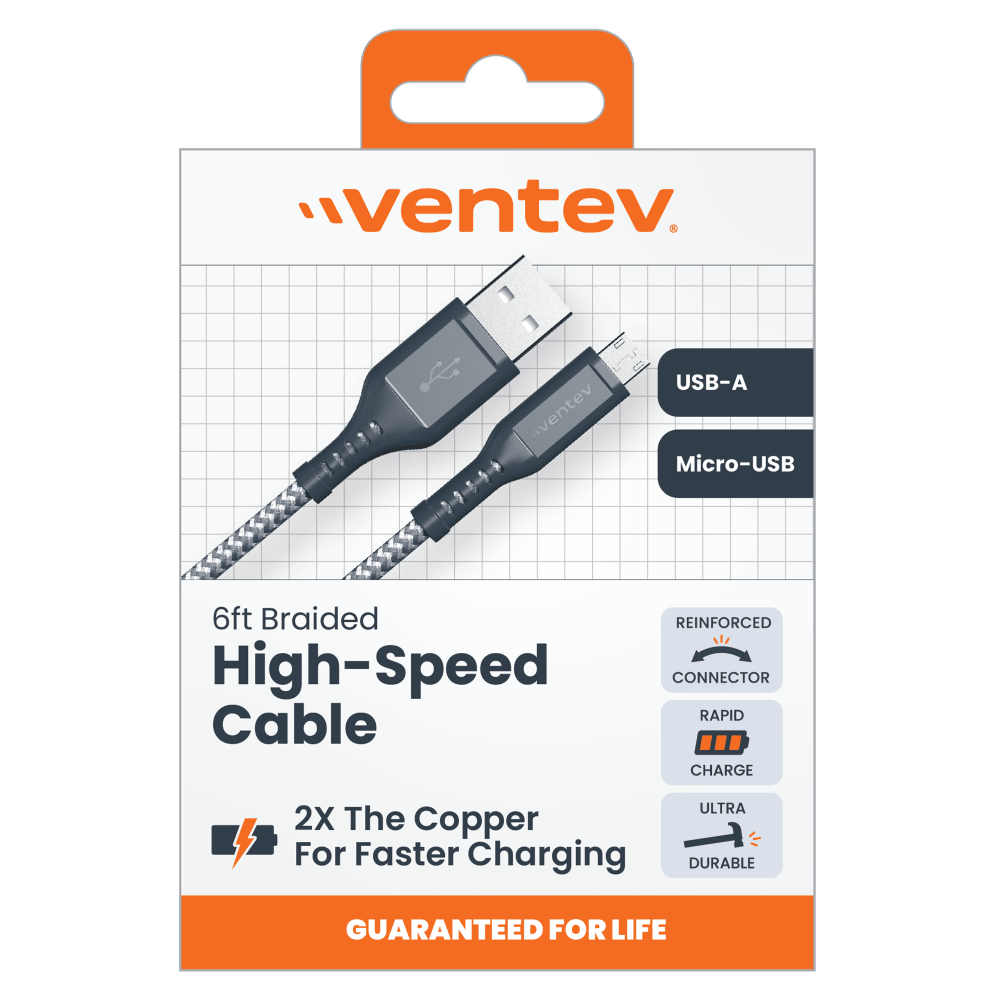 Ventev High Speed USB A to Micro USB Braided Cable with 2x the Copper for Faster Charging 6ft