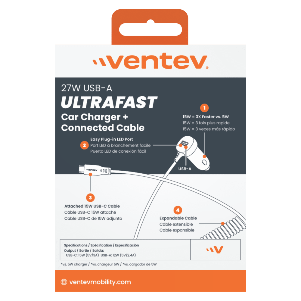 Ventev 27W ULTRAFAST Car Charger and USB-C Connected Cable