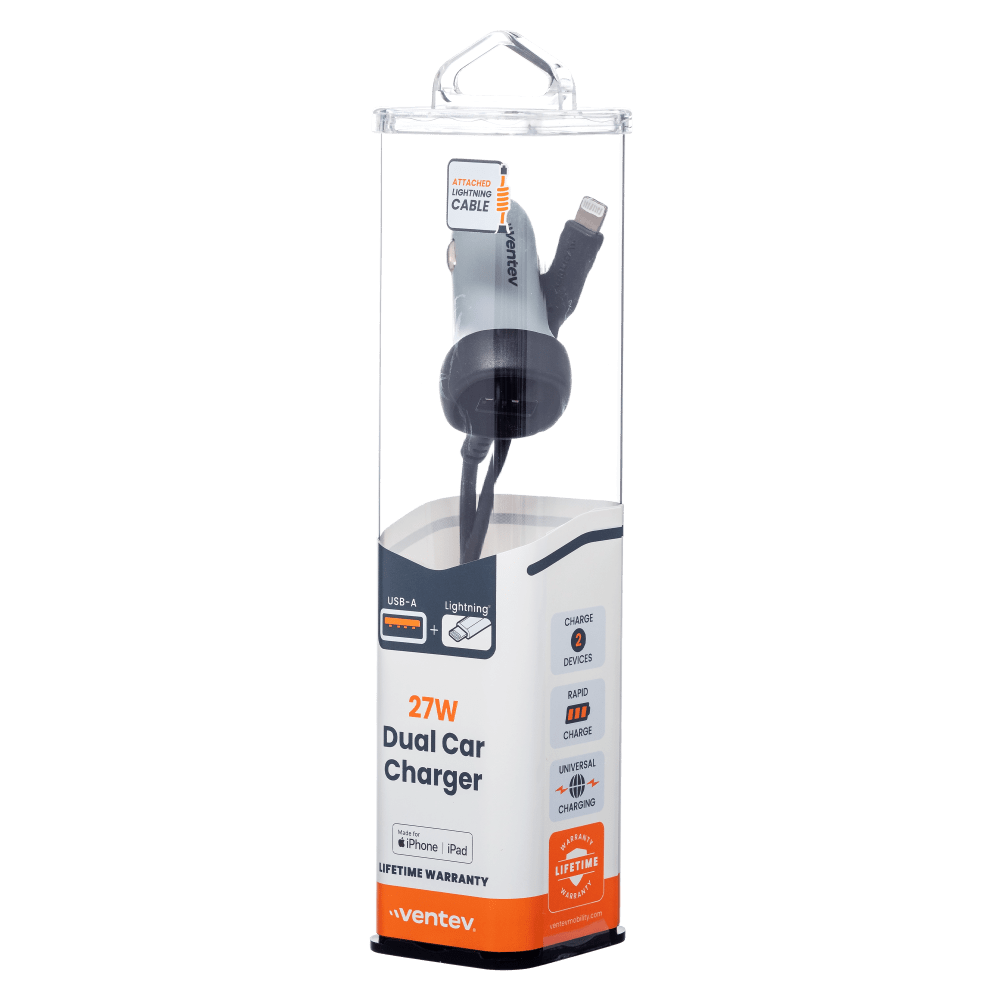 Ventev 12W USB A Car Charger w/ attached 15W LTG Cord