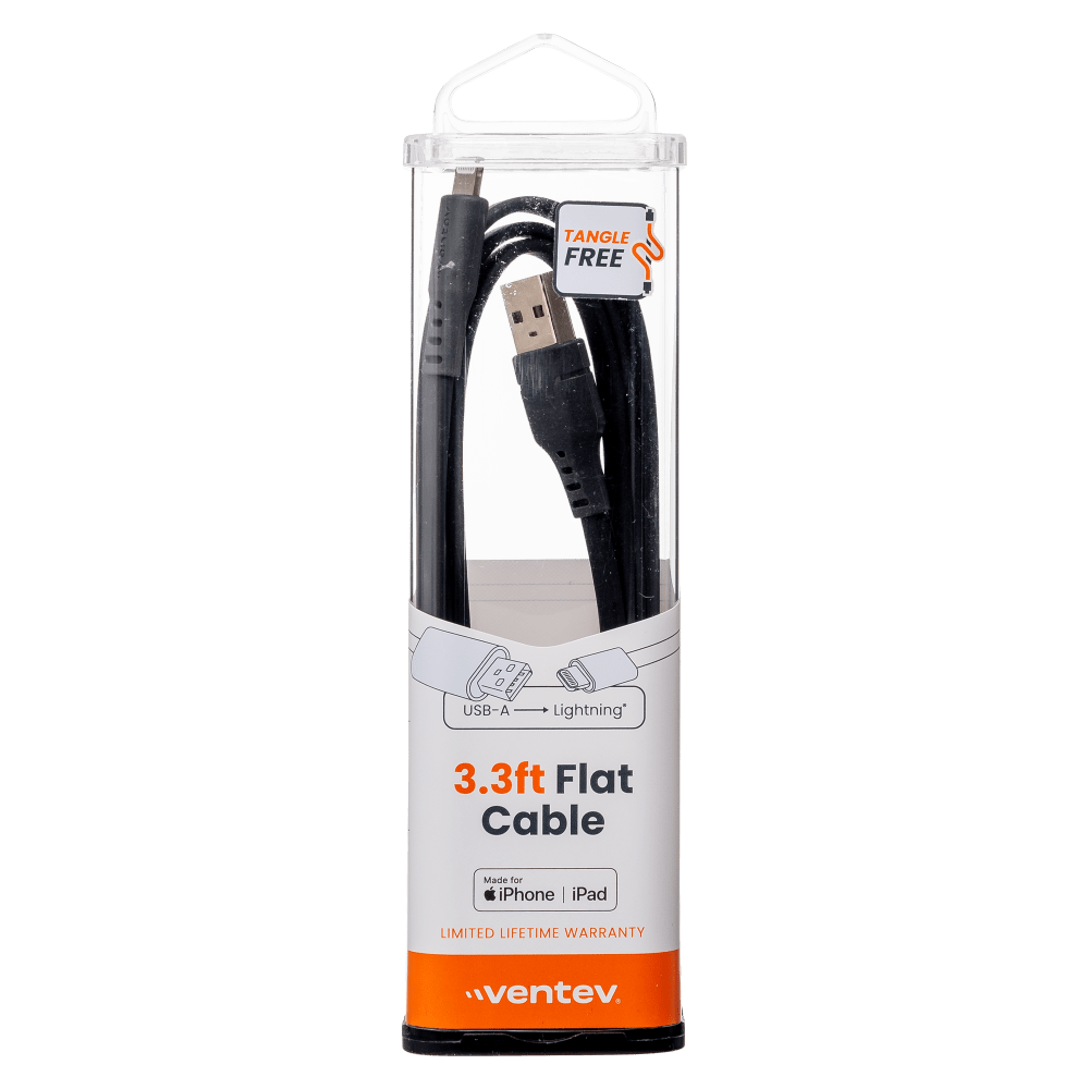 Ventev Chargesync Flat USB A to Apple Lightning Cable 3ft Black