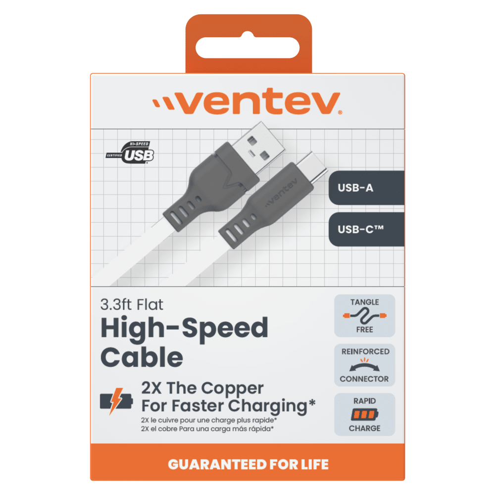 Ventev Flat USB A to USB C High Speed Tangle-Free Cable 3.3ft