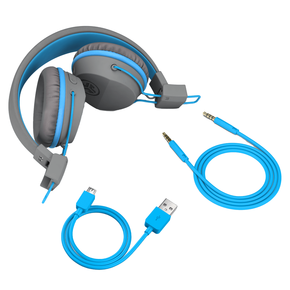 JLab JBuddies Studio Wireless On Ear Kids Headphones Blue and Gray