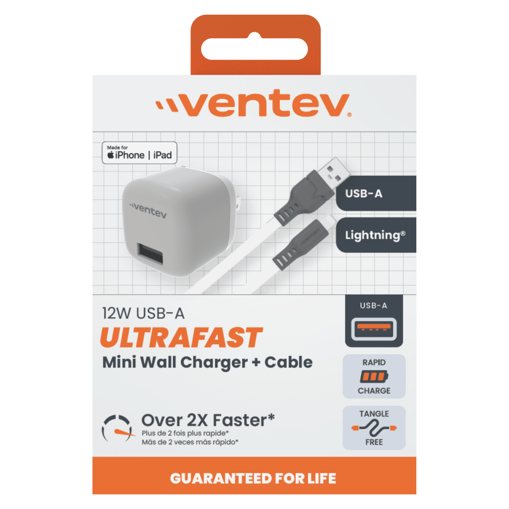 Ventev 12W USB A Wall Charger and USB A to Apple Lightning Cable
