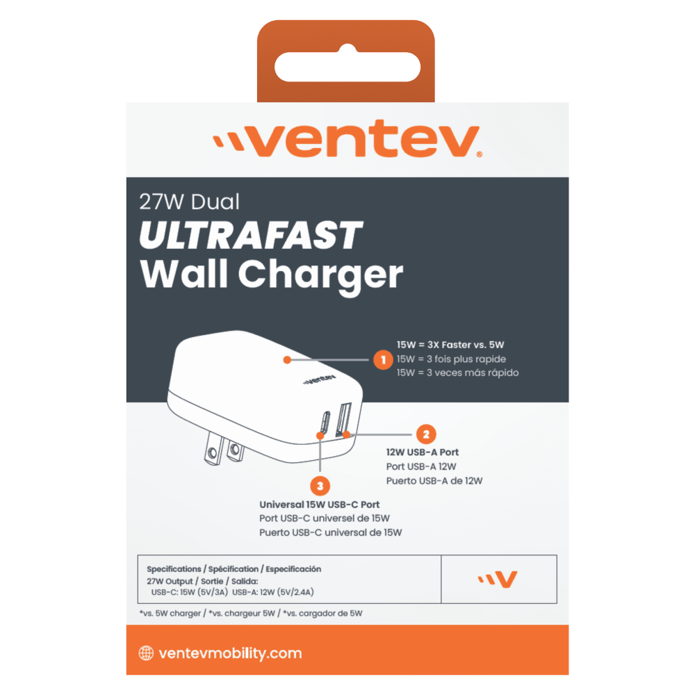 Ventev 27W Dual USB C and USB A Wall Charger