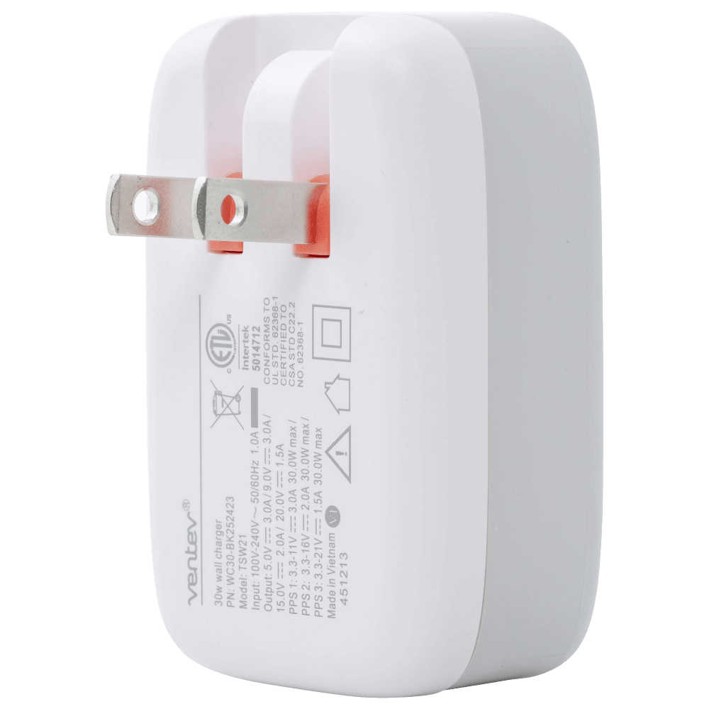 Ventev 30W PD PPS USB C Wall Charger and USB C to USB C Cable 3.3ft White