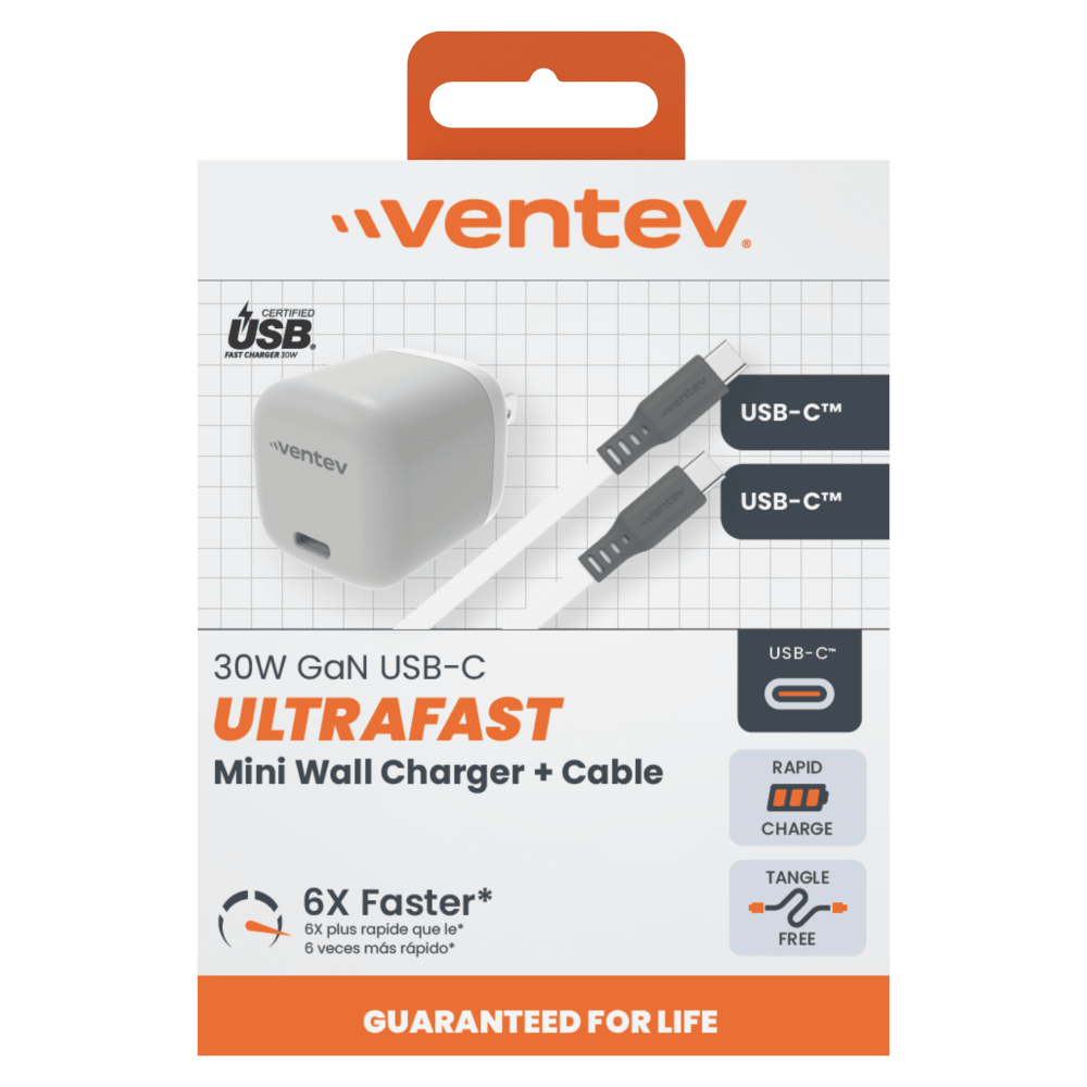 Ventev 30W ULTRAFAST USB C Universal GaN Mini Wall Charger and USB C to USB C Cable