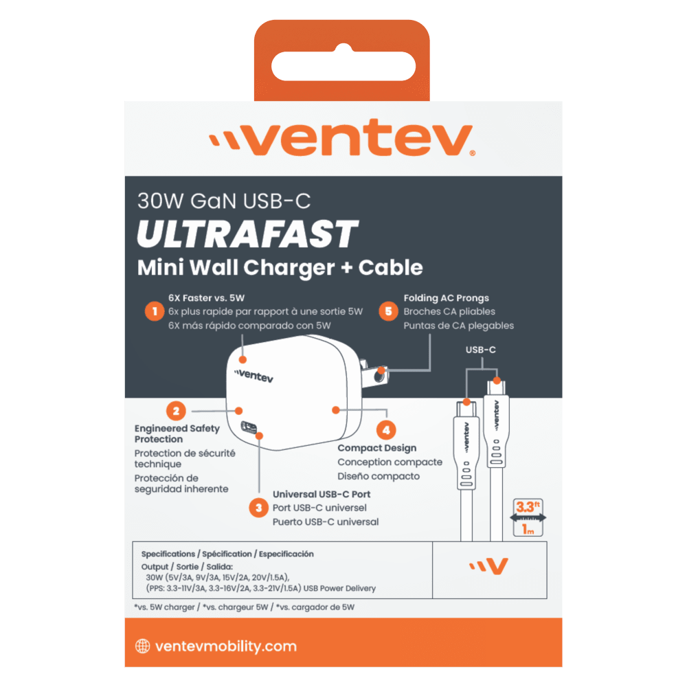Ventev 30W ULTRAFAST USB C Universal GaN Mini Wall Charger and USB C to USB C Cable