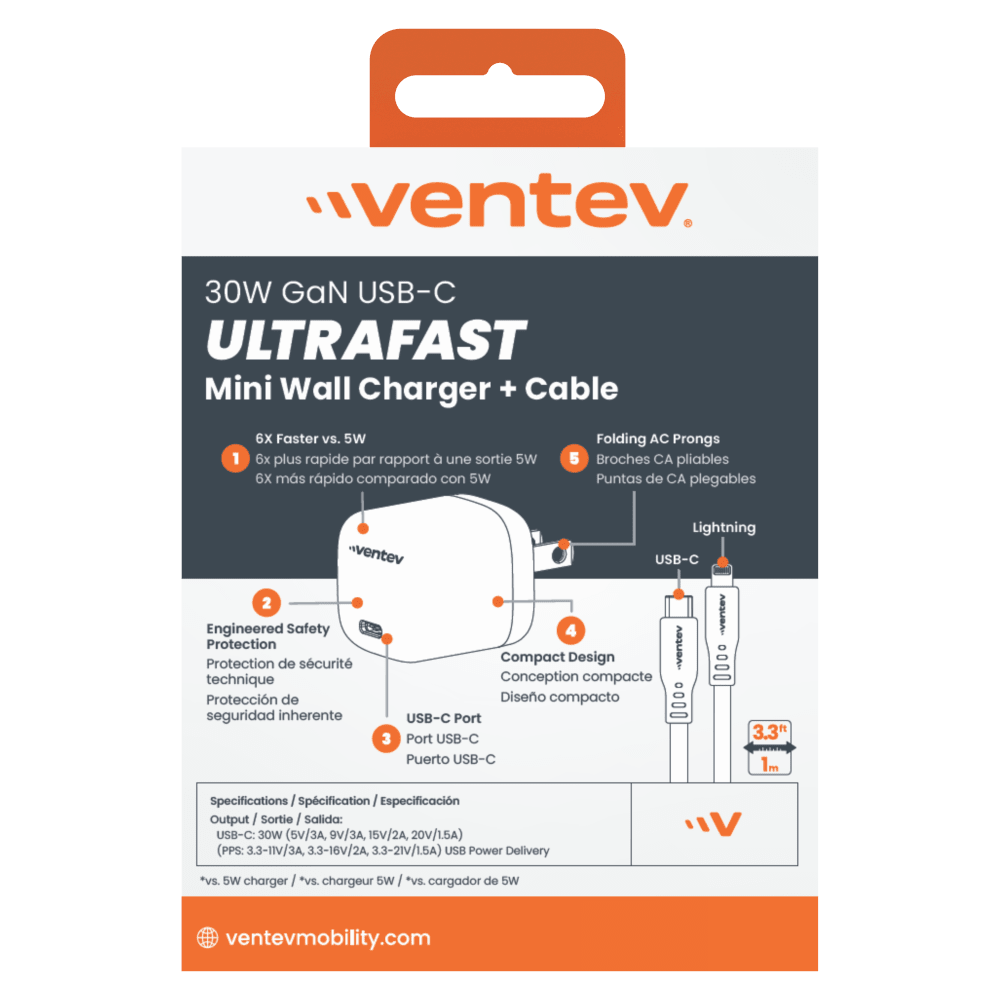 Ventev 30W Mini Wall Charger and USB C to Apple Lightning Cable