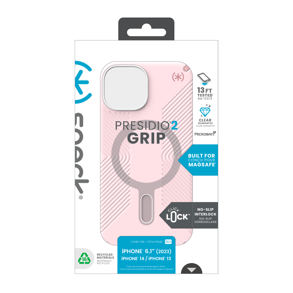 Speck Presidio2 Grip MagSafe Case for Apple iPhone 15 / iPhone 14 / iPhone 13 Nimbus Pink