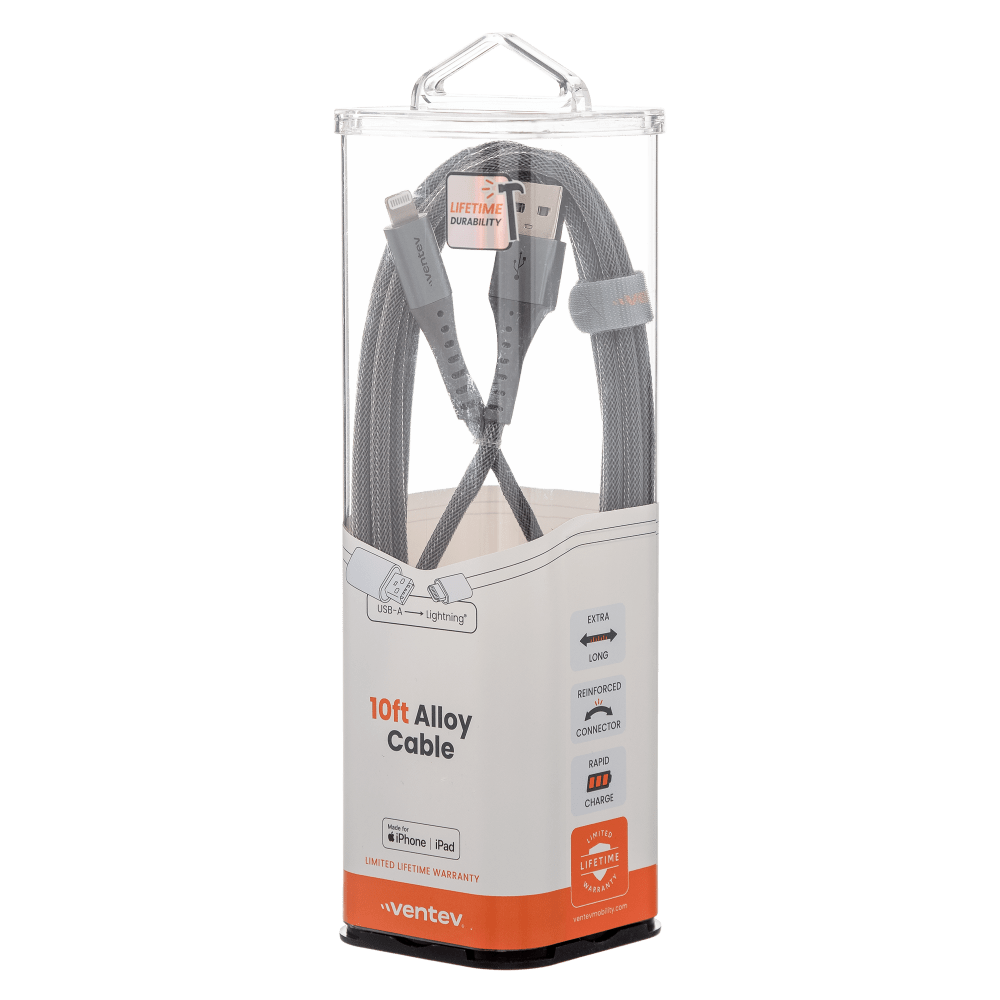 Ventev Chargesync Alloy USB A to Apple Lightning Cable 10ft Steel