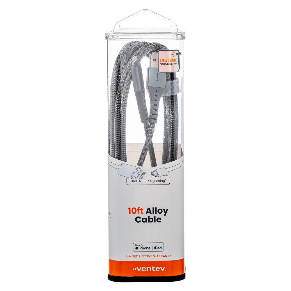 Ventev Chargesync Alloy USB A to Apple Lightning Cable 10ft Steel
