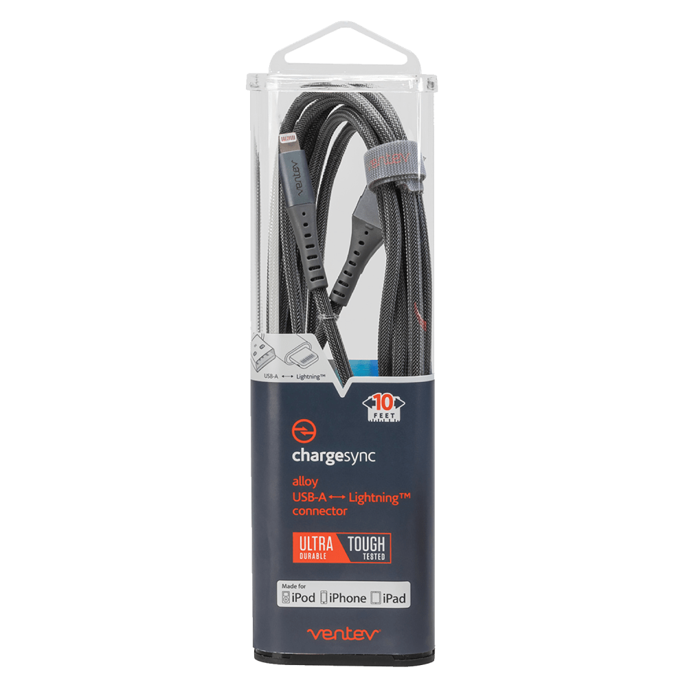 Ventev chargesync alloy USB A to Apple Lightning Cable 10ft Steel Gray
