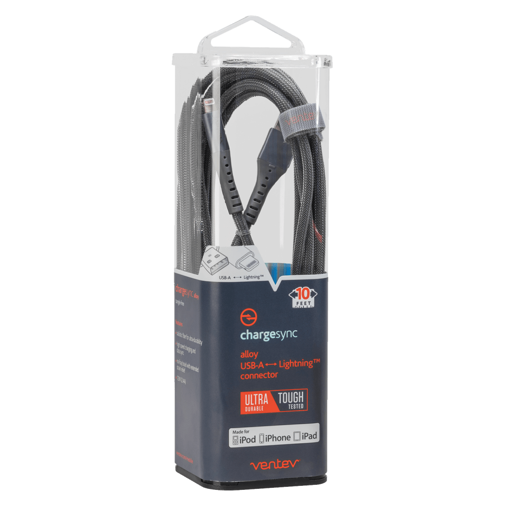 Ventev chargesync alloy USB A to Apple Lightning Cable 10ft Steel Gray